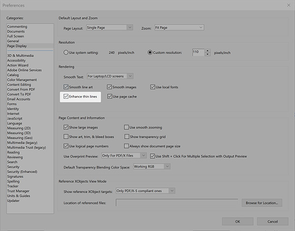 Acrobat Preferences - "Untick Enhance thin lines"